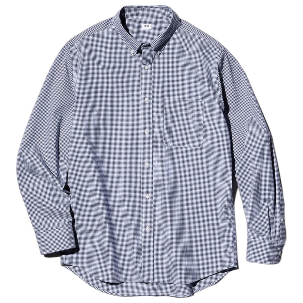 Uniqlo Mens Navy Gingham Check 100% Cotton Button Down Shirt Medium Broadcloth